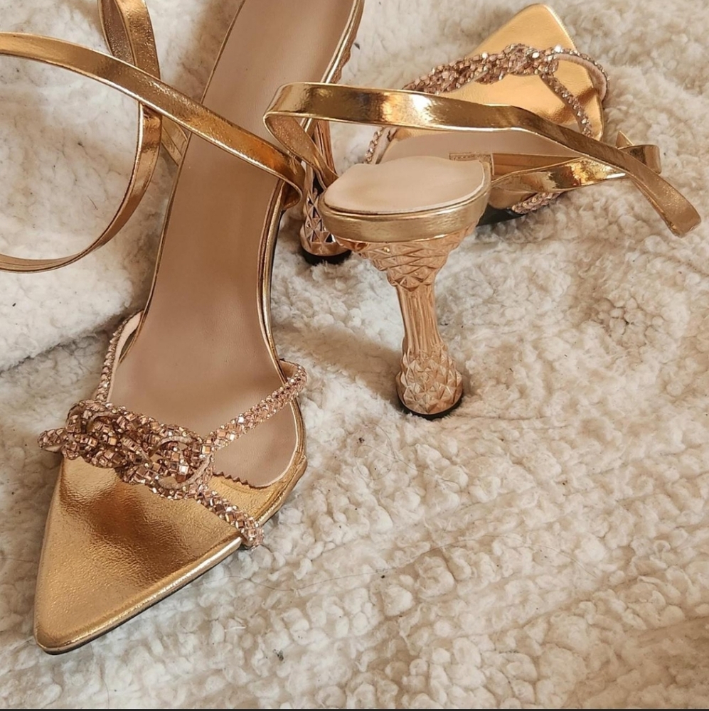 Fashion Nova Gold Stiletto Heels with Crystal Embellishments